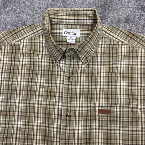 Carhartt Shirt Mens XL Sage Green Cotton Plaid Pleated Short Sleeve Button Down - Picture 4 of 9